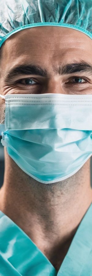 Close up of surgeon smiling with a mask on
